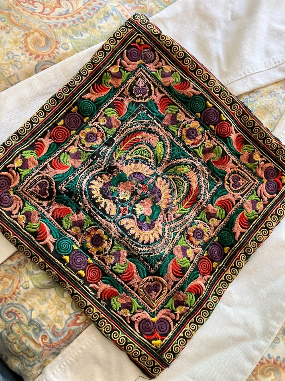Vintage 1970’s embroidered pillow 16” square multi colored butterfly cover